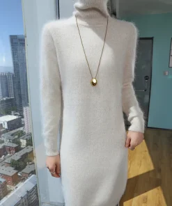 Alternative view of TLOML Women 100% Mink Cashmere Dress Turtleneck Pullover Casual Style Autumn Winter Slim Soft Warm Cashmere Knitted Short Dress