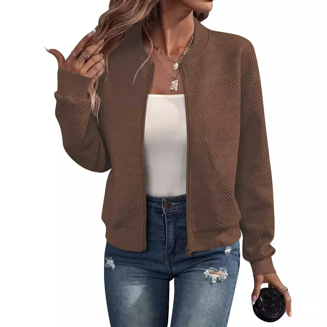 Women's autumn and winter new solid color simple and exquisite zipper jacket baseball collar casual jacket - Image 5