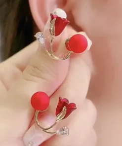 Korean Red Rose Stud Earring Fashion Imitation Pearl Flower Earrings for Woman Party Jewelry Christmas Gift New Arrivals