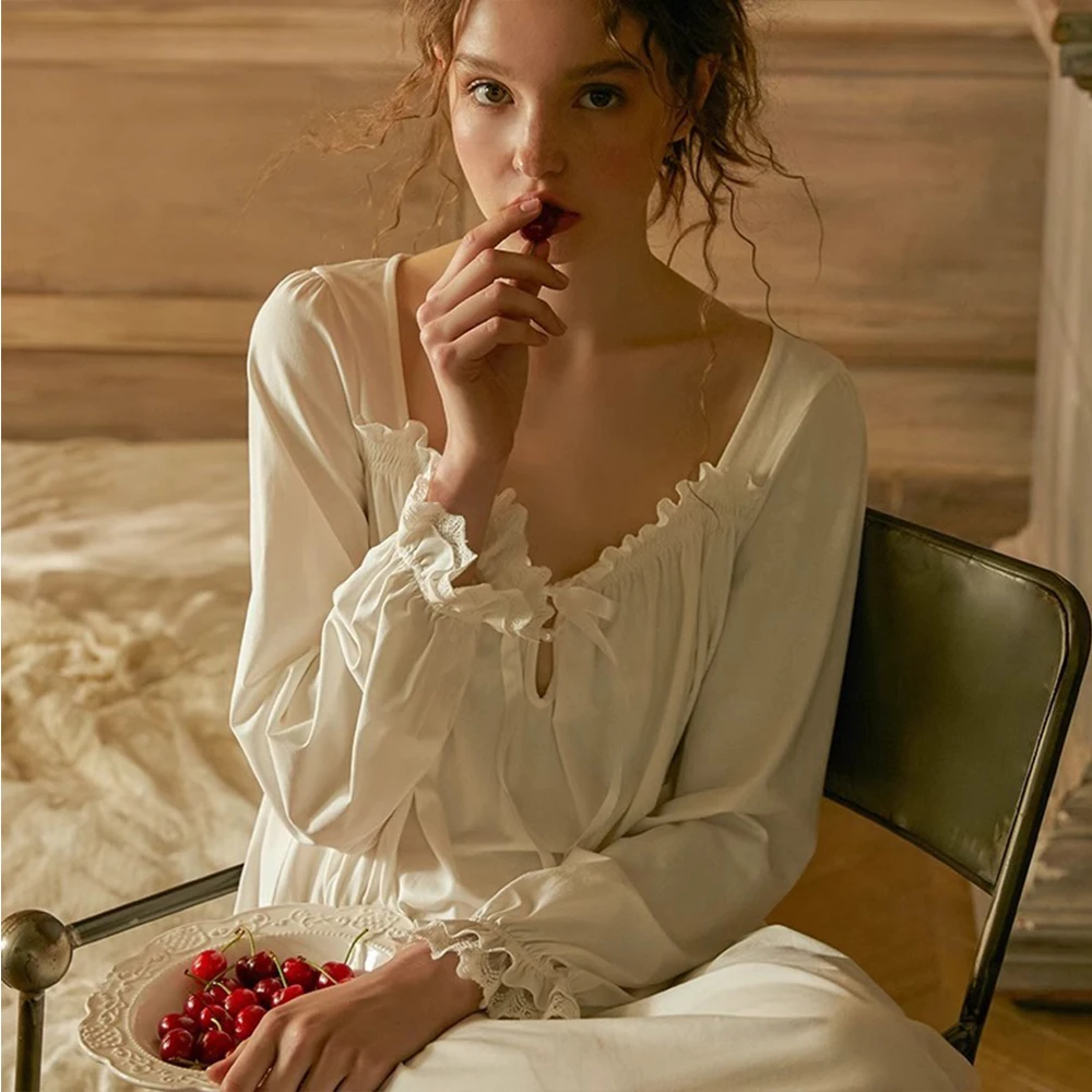 Vintage Cotton Women's Long Nightgowns Long Sleeve Elegant Autumn Winter Female Princess Sexy Loose Nightshirts - Image 3