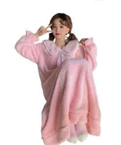 Thickened Warm Coral Velvet Nightgown Female Autumn and Winter One-Piece Pajamas Student Homewear Solid Sleepwear Loungewear - Image 6