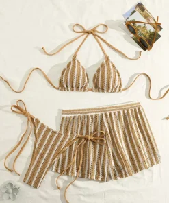 2026 new style boxer shorts mesh three-piece women's swimsuit neck lace-up bikini set - Image 6