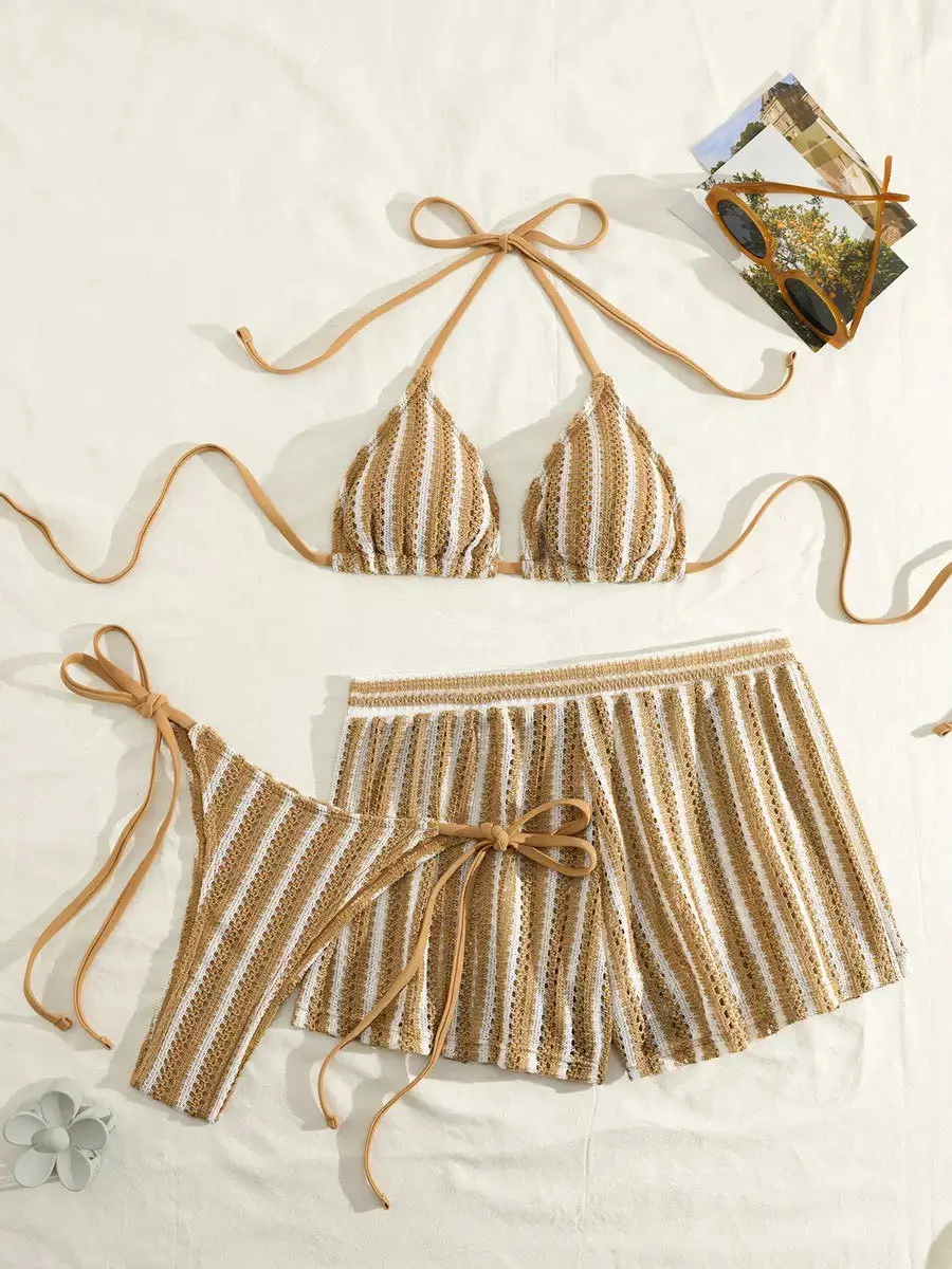 2026 new style boxer shorts mesh three-piece women's swimsuit neck lace-up bikini set - Image 6
