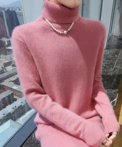 Alternative view of New hot selling 100% mink cashmere knitted women's high neck pullover dress sweater slim fit solid color long women's dress