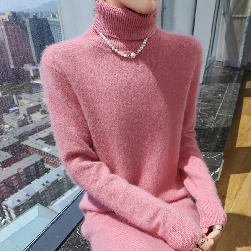 New hot selling 100% mink cashmere knitted women's high neck pullover dress sweater slim fit solid color long women's dress - Image 2