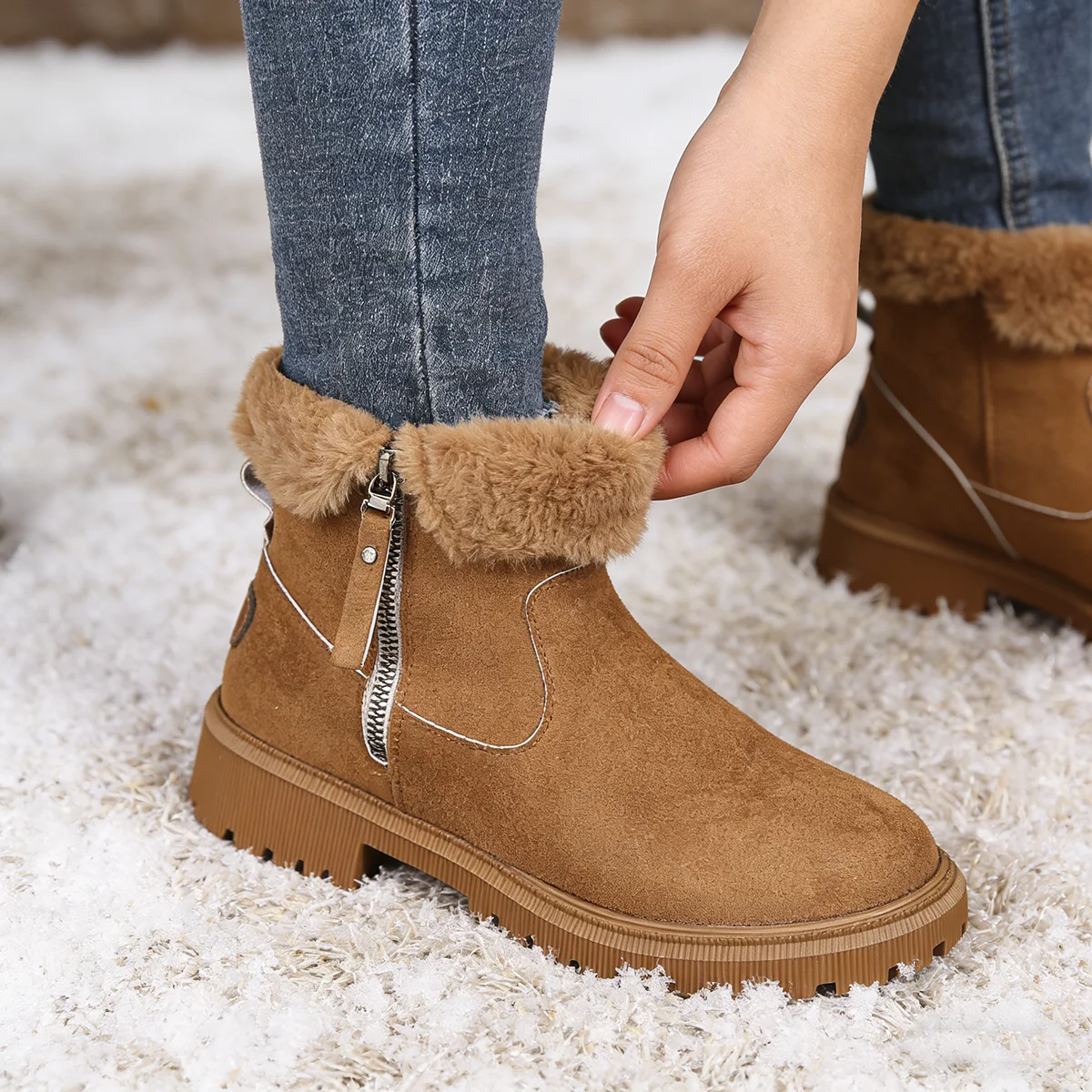 Women Snow Boots 2026 Winter New Solid Color Plush Zipper Thick Bottom Anti Slip Warm Cold Proof Cotton Shoes Snow Boots - Image 4