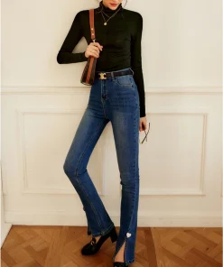OLrain Women's Blue Bootcut Jeans for Woman 2025 Cotton Denim High Waist Slim Flared Pants with Slit Ladies Clothes O22CA60611 - Image 6