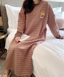 Female Long Sleeve Knit Cotton Nightgown Autumn Winter Thickened Fleece Warm Cartoon Outdoors Women Sleepwear Lady Loungewear - Image 3