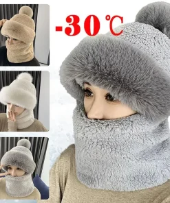 Alternative view of Winter Scarf Set Hooded for Women Plush Neck Warm Russia Outdoor Ski Windproof Hat Thick Plush Fluffy Beanies
