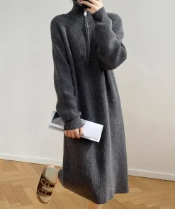 Winter Sweater Dress Zippered Turn-down Collar Long Sleeves Loose Knitted Pure Color Striped Texture Midi Dress - Image 3
