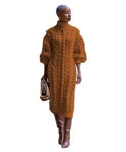 Turtleneck Knitted Jumpers Dress Long Sleeve Ankle Length Casual Dresses Loose Fit Spliced Vestidos Straight Solid Pullover - Image 4