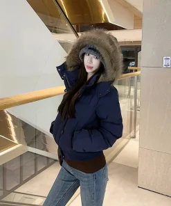 Large Fur Collar Hooded Cotton Jacket for Women, Thickened and Warm Parka, Short Puffer Jacket - Image 5