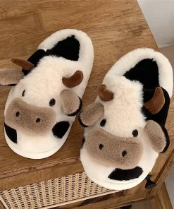 Comwarm Cute Furry Slipper For Women Girls Winter Fashion Milk Cow Fluffy Warm Slippers Woman Cartoon Animal Home Cotton Shoes - Image 4