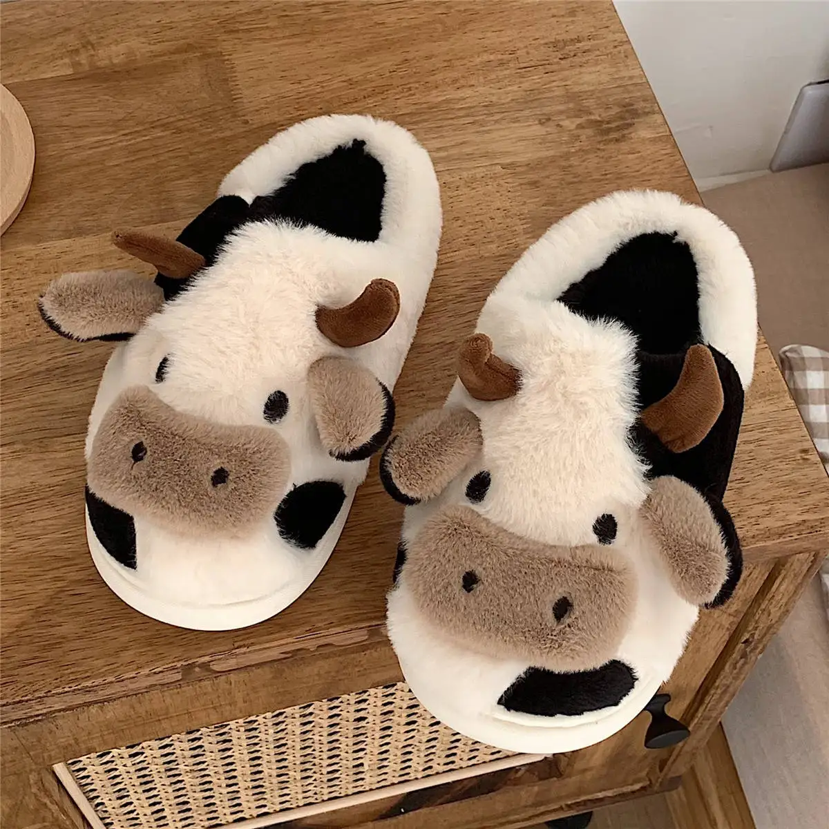 Comwarm Cute Furry Slipper For Women Girls Winter Fashion Milk Cow Fluffy Warm Slippers Woman Cartoon Animal Home Cotton Shoes - Image 4