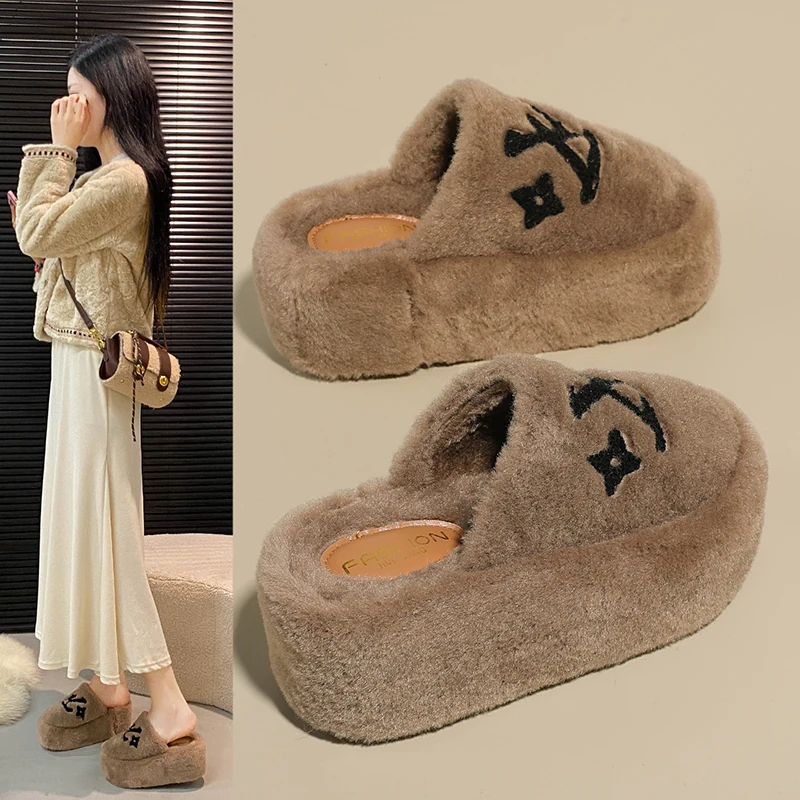 2025 Autumn & Winter New Platform Thick-Soled Mule Furry Slippers - High-Heel, Warm Cotton Slippers for Indoor & Outdoor Wear
