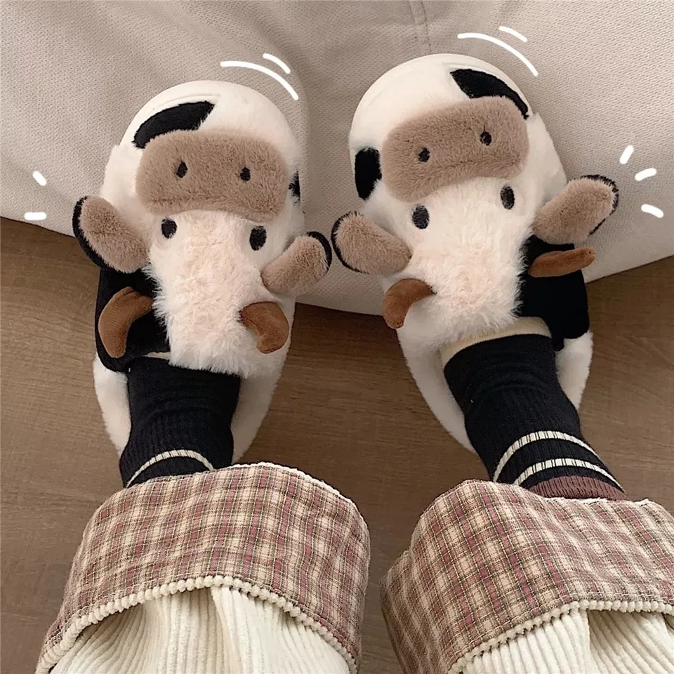 Comwarm Cute Furry Slipper For Women Girls Winter Fashion Milk Cow Fluffy Warm Slippers Woman Cartoon Animal Home Cotton Shoes - Image 2