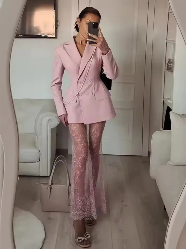 2025 Elegant Blazer Skirt Sets Women Two Piece Double Breasted Jacket Lace See Through Trousers Suits New Party Gown Set - Image 2