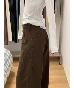 Maillard Brown Straight Leg Jeans for Women 2025 Autumn Winter Loose Fit Pear Shape Curved Wide Leg Pants - Image 4