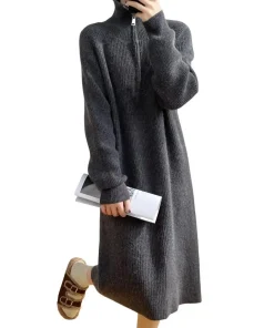 Winter Sweater Dress Zippered Turn-down Collar Long Sleeves Loose Knitted Pure Color Striped Texture Midi Dress