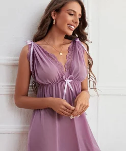 Alternative view of Sexy Lace Night Dress Women Deep V Neck Silky Satin Nightie Lace Sling Nightgowns Female Underwear Plus Size Sleep Dress Homewea