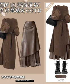 Autumn and Winter Maillard Outfit High-end Western-style Knitted Long Sweater Fashionable High Waisted Skirt Two-piece Set - Image 3
