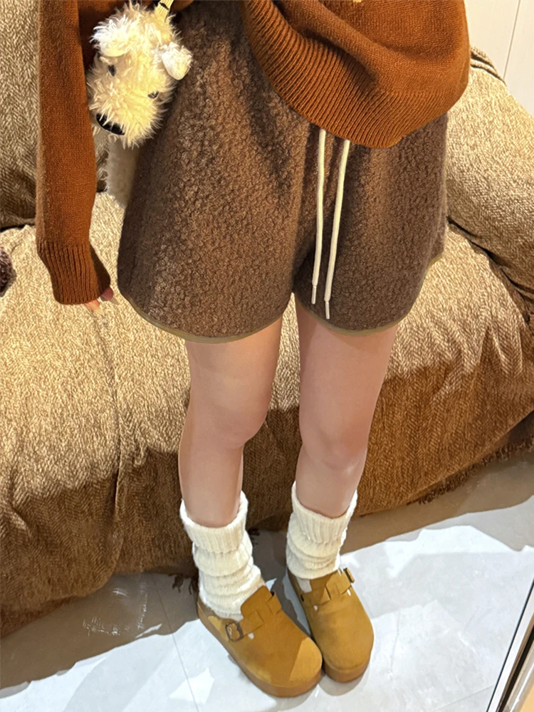 Women's Faux Lamb Fur Shorts High Waisted Outer Wear Hot Pants, Autumn Winter Warm Fleece Shorts Korean Fashion - Image 2
