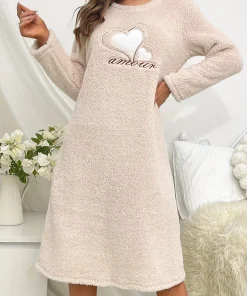 Heart Embroidery Flannel Sleepdress Pink Or Beige Long-Sleeve Round Neck Dress Super Soft Warm Nightgown Fit Winter Women's Pjs - Image 3