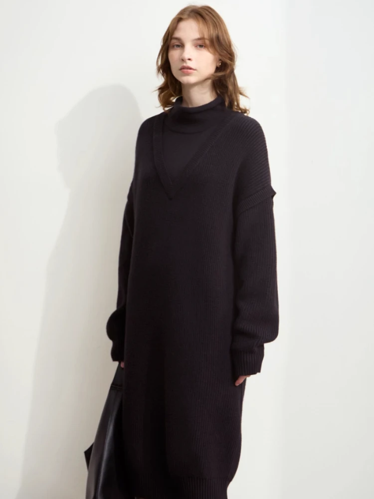 AMII Minimalist Womens Dresses 2025 Winter New Commuter Half Turtleneck Woman Clothing Solid Loose Knitted Midi Dress 12444229