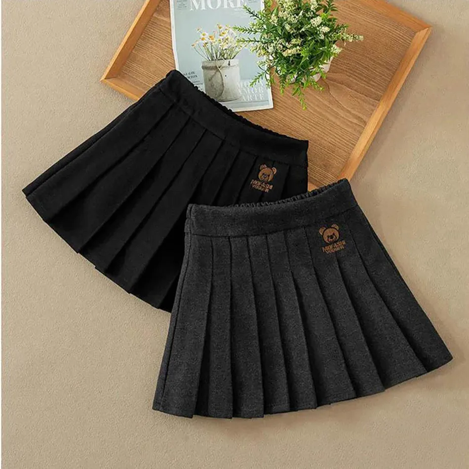 Preppy Pleated Skirts For Girls Children's Clothing Bear Children's Day Casual A Line Dress - Image 6