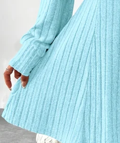 Women's blue ribbed knitted vest dress, short long sleeved top slim fit two-piece set, autumn and winter - Image 5