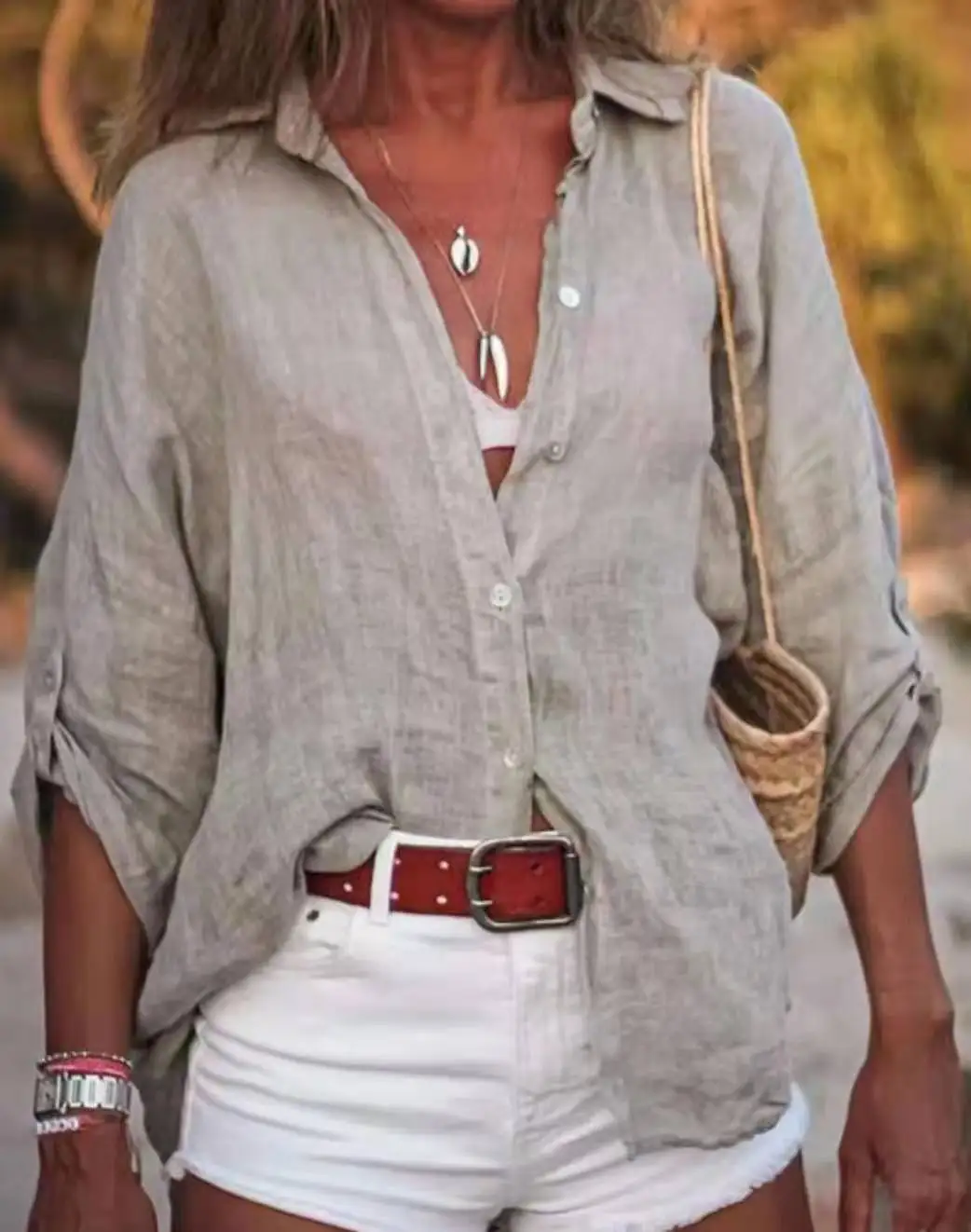 2025 Cross-border Europe and the United States AliExpress New Women's Solid Color Loose Seven-quarter Sleeve Shirt - Image 5