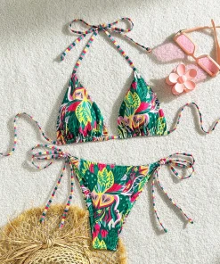 2025 new bikini European and American triangle cup print lace-up swimsuit hot girl small fresh seaside bikini swimsuit - Image 5