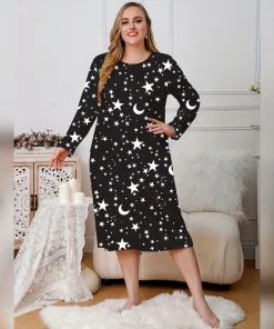 Plus Size Women's Nightgown - Casual Comfortable Loungewear Sleep Dress Long Sleeve Loose Nightdress Fashionable Printed Pajamas - Image 3