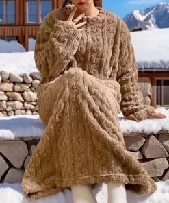 Winter New Long Warm Loose Fit Pocket Coral Fleece Pajama Set Nightgown Sleep Robe for Women Home Wear - Image 5