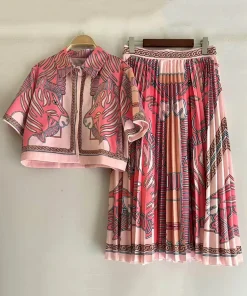 2025 summer women's retro geometric print lapel straight short shirt two-piece set + high waist loose pleated skirt fashion suit - Image 7
