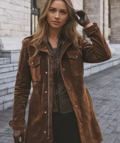 Women's brown vintage suede windbreaker: notch collar mid length jacket, button and zipper closure, patch pocket, vintage trend - Image 5