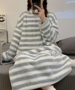 Ladies Nightwear Nightdress Autumn and Winter Coral Velvet Long Sleeve Plaid Dress Striped Student Flannel Dress Large Size - Image 6