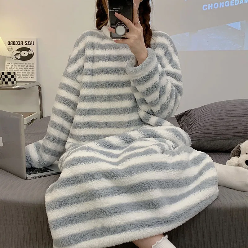 Ladies Nightwear Nightdress Autumn and Winter Coral Velvet Long Sleeve Plaid Dress Striped Student Flannel Dress Large Size - Image 6