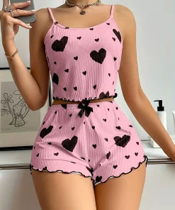 Women's Heart Print Pajama Set 2PCS Soft Ribbed Tank Top and Shorts Lightweight Sleepwear Loungewear S M L - Image 3