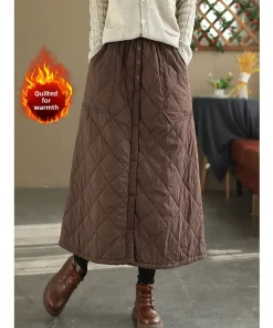 Retro Warm Cotton Quilted Long Midi Skirt High Waist A-Line Skirt for Middle-Aged And ly Women Diamond Patterned f Skirt - Image 4