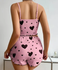 Women's Heart Print Pajama Set 2PCS Soft Ribbed Tank Top and Shorts Lightweight Sleepwear Loungewear S M L - Image 6
