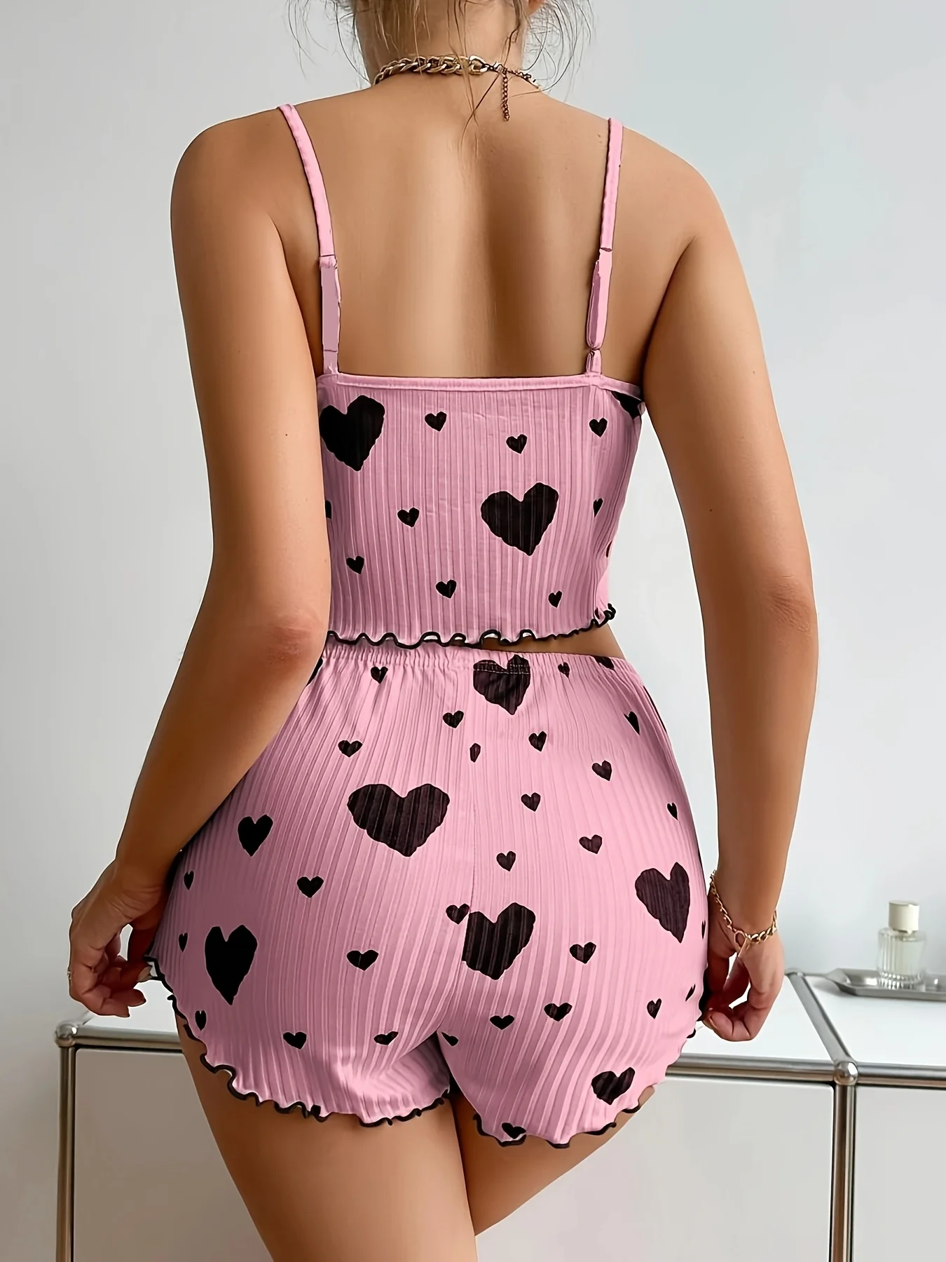 Women's Heart Print Pajama Set 2PCS Soft Ribbed Tank Top and Shorts Lightweight Sleepwear Loungewear S M L - Image 6