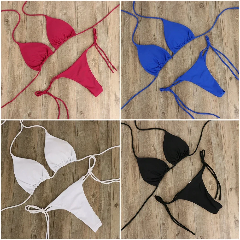 Solid Color Hanging Neck Style Lace-Up Bikini Women's Sexy Adjustable Triangle Beach Swimsuit No Steel Bracket No Chest Pad - Image 3