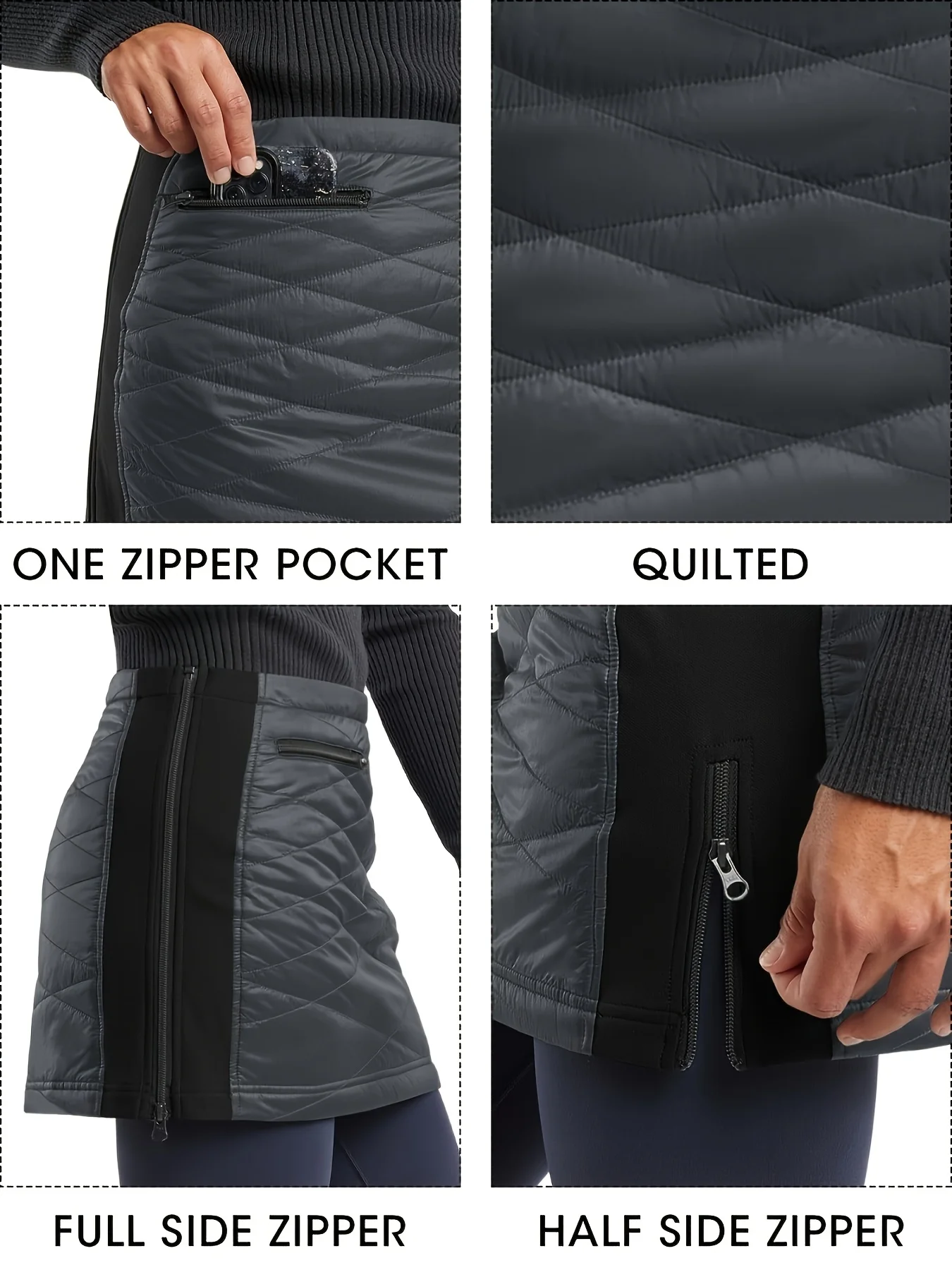 Women's Zippered Puffer Skirt Quilted Insulated Winter Skirt for Skiing Hiking Running Golf With Pockets - Image 5
