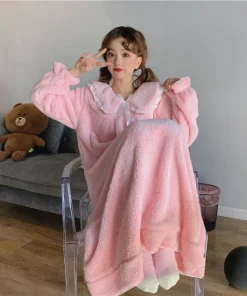 Thickened Warm Coral Velvet Nightgown Female Autumn and Winter One-Piece Pajamas Student Homewear Solid Sleepwear Loungewear - Image 5