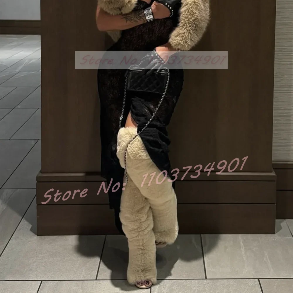 Open Toe Over The Knee Boots Women Big Size Fashion Slip-On Fluffy Fur Warm Comfortable High Heels Shoes Lady Nifty Sexy Boots - Image 3