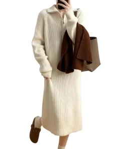 Winter Sweater Dress Zippered Turn-down Collar Long Sleeves Loose Knitted Pure Color Striped Texture Midi Dress - Image 5