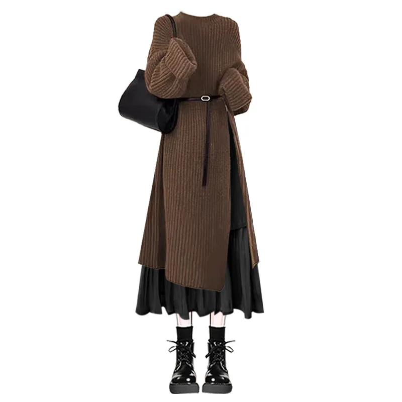 Autumn and Winter Maillard Outfit High-end Western-style Knitted Long Sweater Fashionable High Waisted Skirt Two-piece Set - Image 6