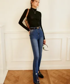 OLrain Women's Blue Bootcut Jeans for Woman 2025 Cotton Denim High Waist Slim Flared Pants with Slit Ladies Clothes O22CA60611 - Image 4