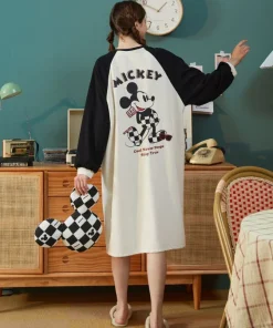 Disney Mickey Mouse Womens Nightgown Long Sleeve Winter Sleepwear Home Loungewear Pajama Dress Black White